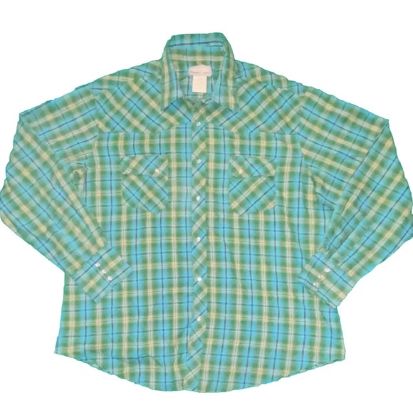 Wrangler Wrancher Pearl Snap Button Up Shirt Blue Plaid Cotton XL Vintage 90s - Picture 1 of 7